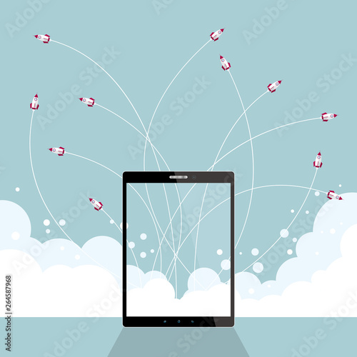 The rocket was launched on a tablet. Isolated on blue background.