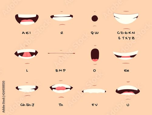 Cartoon talking mouth and lips expressions vector animations poses. Accent and pronunciation speak, tongue and articulate illustration