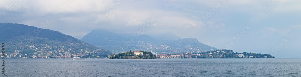 Panoramic view of the Borromean Islands on Lake Maggiore, Piedmont, Italy
