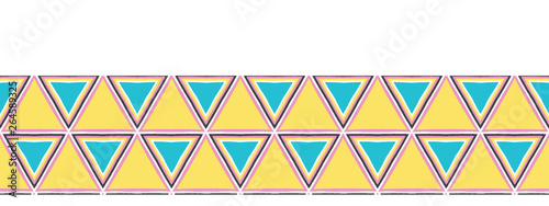 Geometric retro triangle shape seamless border pattern. Vector ribbon trim background. Pretty summer 1950s geo fashion style. Trendy wallpaper, vintage home decor. Hand drawn ethnic textile fabric