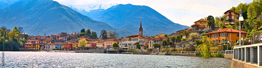 Panoramic view of the town of Mergozzo located on the Mergozzo Lake, near the largest Lake Maggiore, Piedmont, Italy