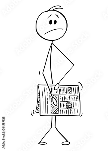 Cartoon stick figure drawing conceptual illustration of naked man hiding and covering his crotch, groin or genitals by or behind newspaper.
