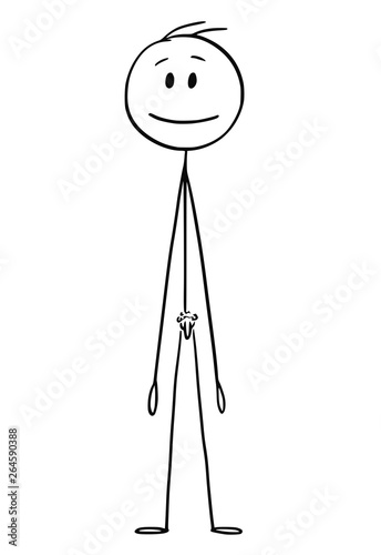 Cartoon stick figure drawing conceptual illustration of front of naked or nude man standing and smiling.