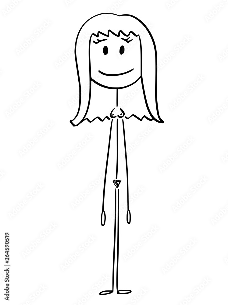 Cartoon stick figure drawing conceptual illustration of front of naked or  nude woman standing and smiling. Stock Vector | Adobe Stock