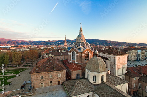 Wallpaper Mural View from the bell tower of the Cathedral, towards the Dome of the Chapel that houses the Holy Shroud, and the Mole Antonelliana, background of hills, seen at sunset, Turin, Piedmont, Italy Torontodigital.ca