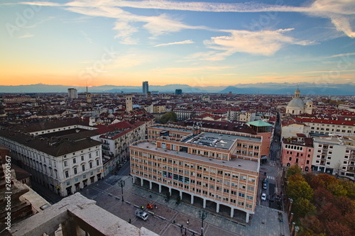 Aerial view from the Cathedral bell tower on the center of Turin at sunset in autumn