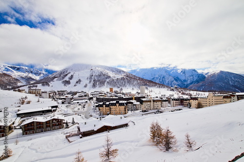 Sestriere, Piedmont, Italy - November 25, 2018: an alpine village in Italy, situated in Val Susa, 17 km from the French border, it is a popular skiing resort.