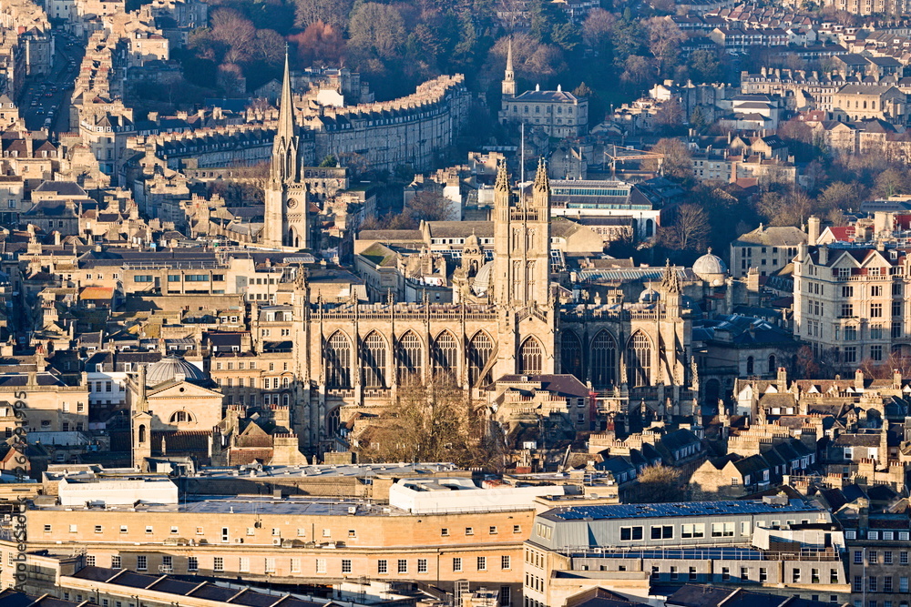 Aerial view on the Bath Abbey and the central old town from the Bath Lookout point in Alexandra Park, at sunset. Somerset, England.