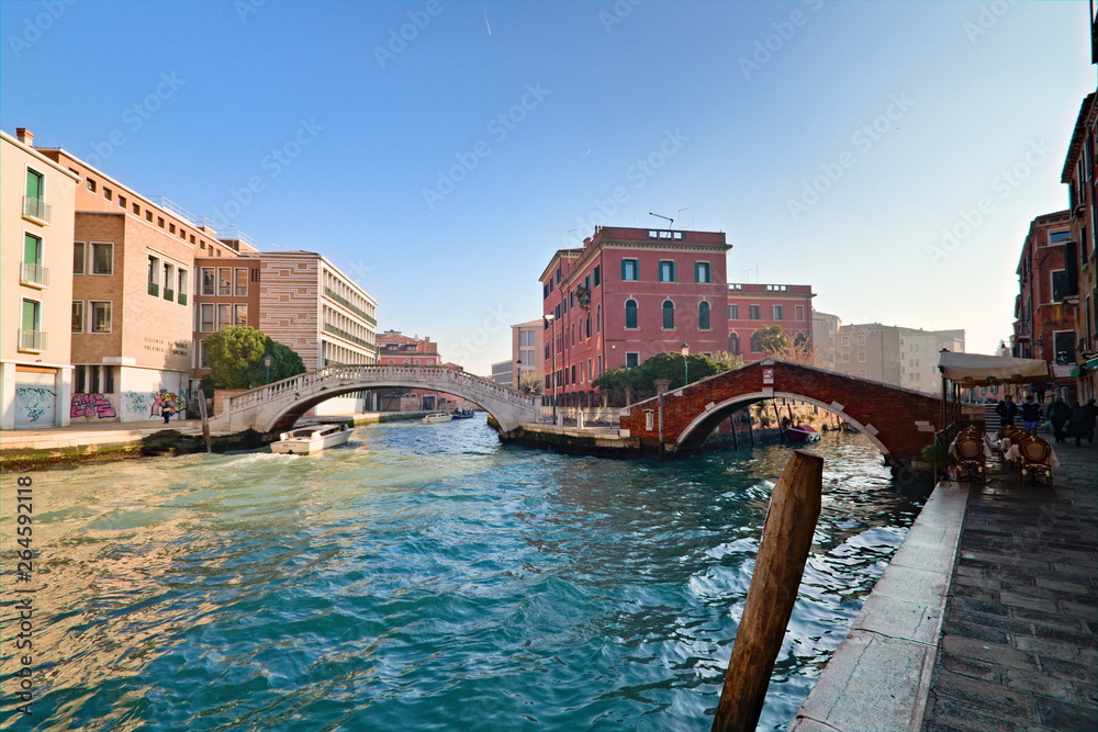 Typical view of the old city of Venice, Italy, with canals, bridges, ancient buildings immersed in water, boats and gondolas