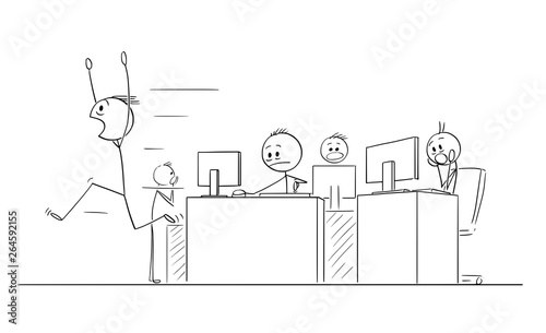Cartoon stick figure drawing conceptual illustration of group of crazy businessmen or office workers in panic because of crisis or something they see in computers.