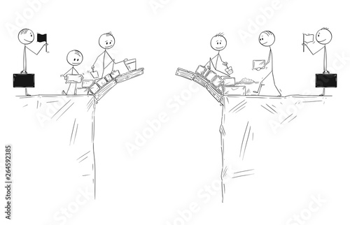 Cartoon stick figure drawing conceptual illustration of two groups of men or businessmen building bridge together to connect with other side. Leaders or politicians are waiting do make a deal.