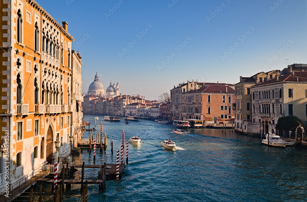 View of the Grand Canal in Venice, Italy, from the Ponte dell'Accademia, with a ferry crossing the canal