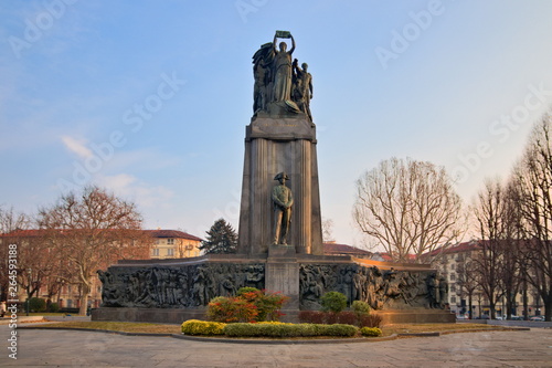 Turin, Italy, sculpture monument dedicated to the history of the Carabineers, inaugurated in 1933, winter morning