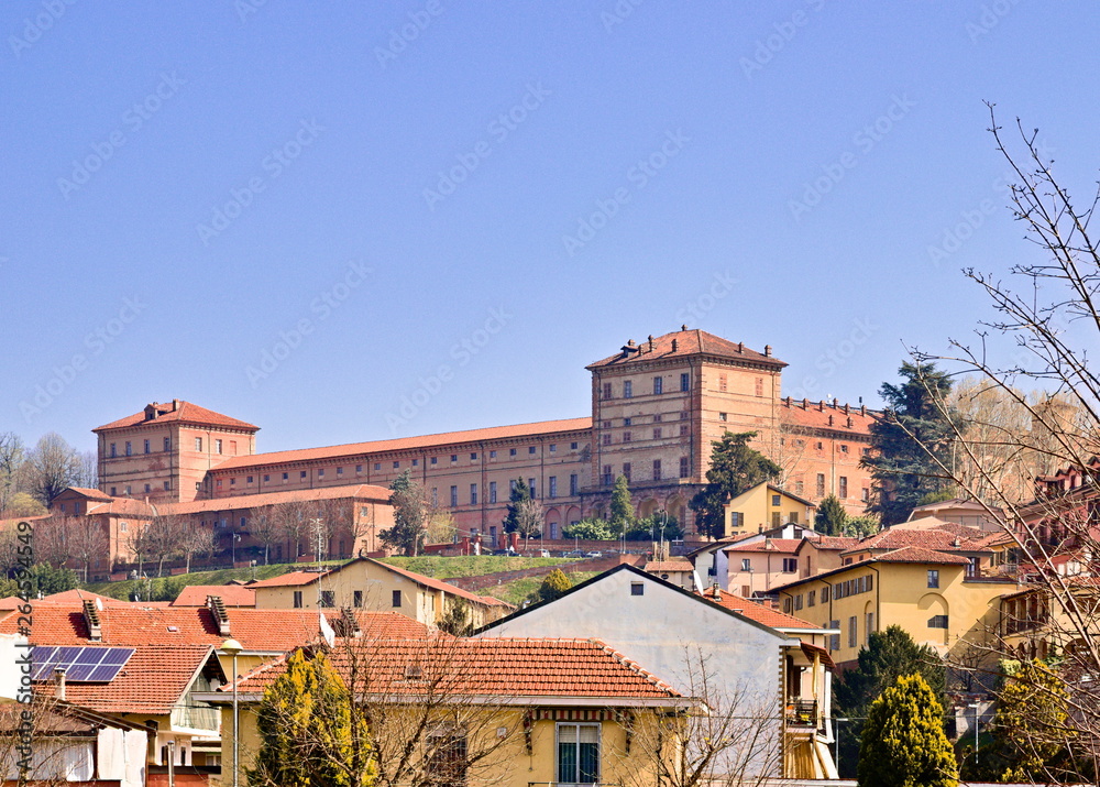 The Castle of Moncalieri is a palace in Moncalieri (Turin), Piedmont, in northern Italy. It was one of the Residences of the Royal House of Savoy. Bright spring morning with blue sky