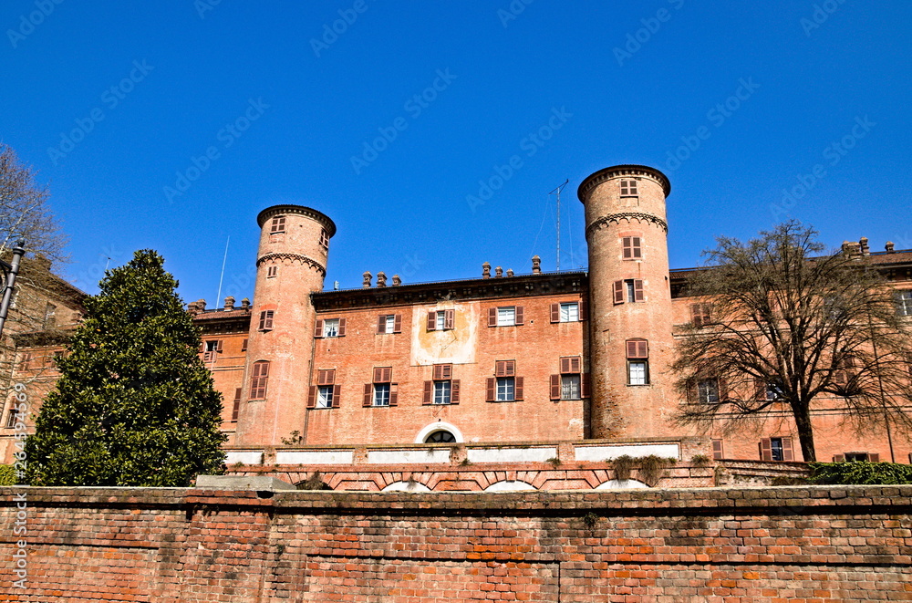 Moncalieri, Turin, Piedmont, Italy - March  24, 2019: The Castle of Moncalieri was one of the Residences of the Royal House of Savoy. Bright spring morning with blue sky