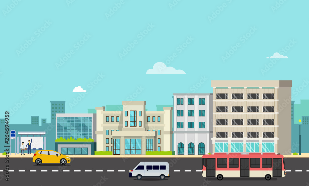 Cityscape with bus stop , cars and people.Company on street with city background.Town scene vector.Main road with buildings and men.