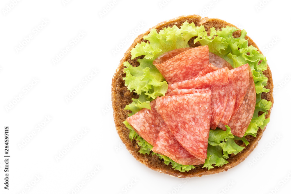 Sandwich with ham sausage on white background.