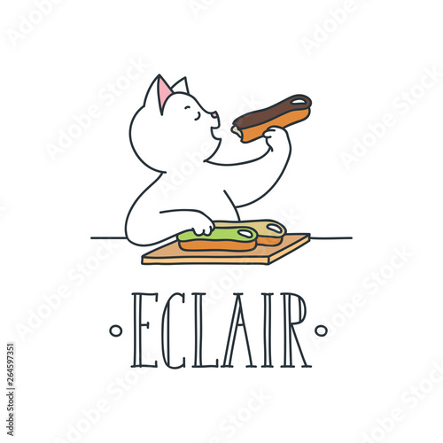 Eclair. Illustration of cute white cat eating eclair isolated on white background. Vector 8 EPS.