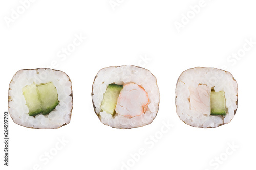 Sushi rolls isolated on white background. Collection. Close-up of delicious japanese food with sushi roll.