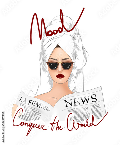 Conquer the world slogan with girl in sunglasses illustration. Perfect for home decor such as posters, wall art, tote bag, t-shirt print, sticker, post card. Modern fashion vector illustration.