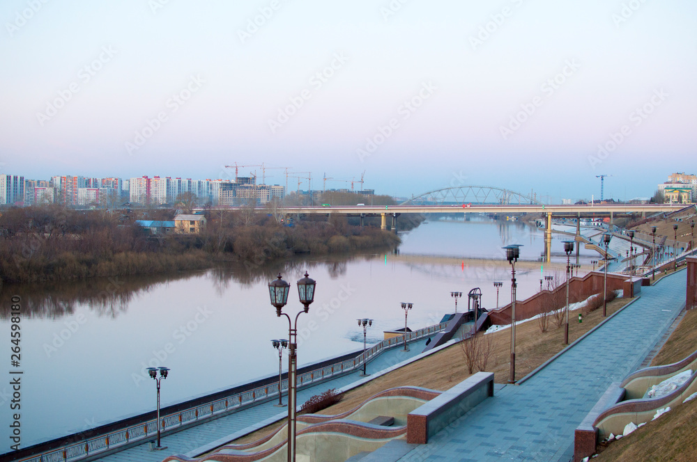 Tyumen, Russia, on April 19, 2019: The embankment in Tyumen in the evening.
