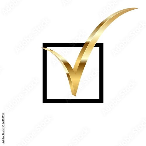 Tick icon gold in abstract style on black background.