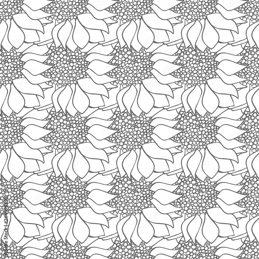 Sunflowers flowers seamless pattern in black and white colors. Sunflowers flowers seamless pattern in black and white colors.