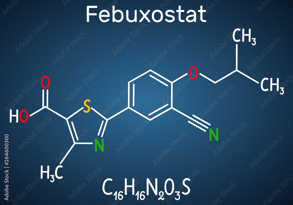 Febuxostat molecule. Structural chemical formula and molecule model on the dark blue background Febuxostat molecule. Structural chemical formula and molecule model on the dark blue background