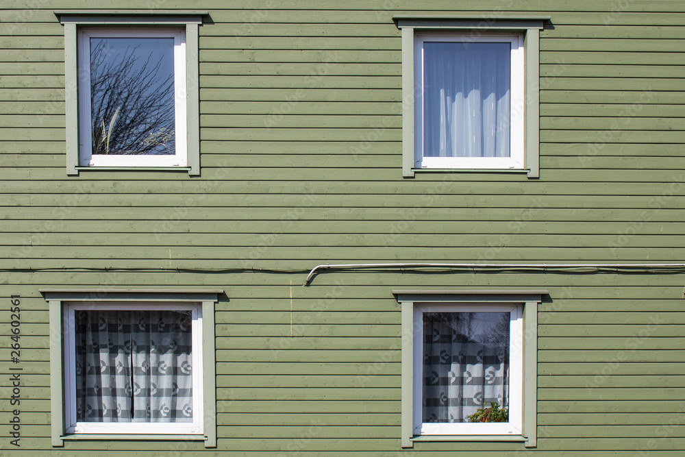 Walls and windows.Wooden wall with four window. Walls and windows.Wooden wall with four window.