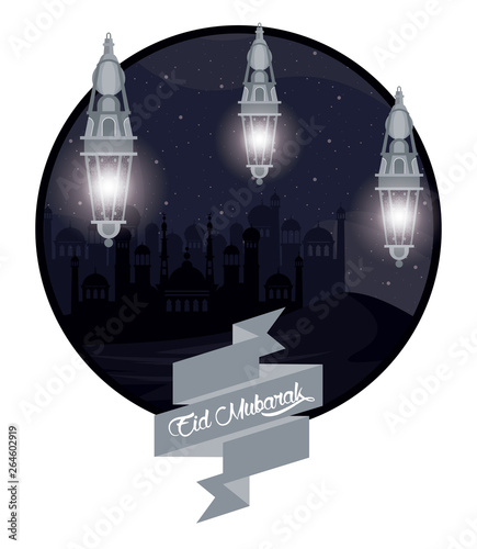 eid mubarack design with mosque and islamic lamps round icon photo