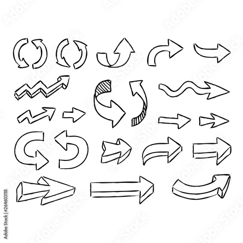 Illustration of handmade doodle arrows. Grunge sketch arrow vector set.