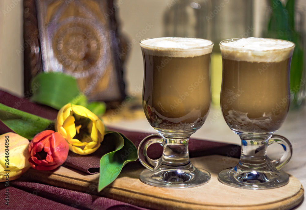 coffee latte and fresh flowers for two coffee latte and fresh flowers for two