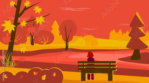 Fall landscape with girl sitting on a bench  photo