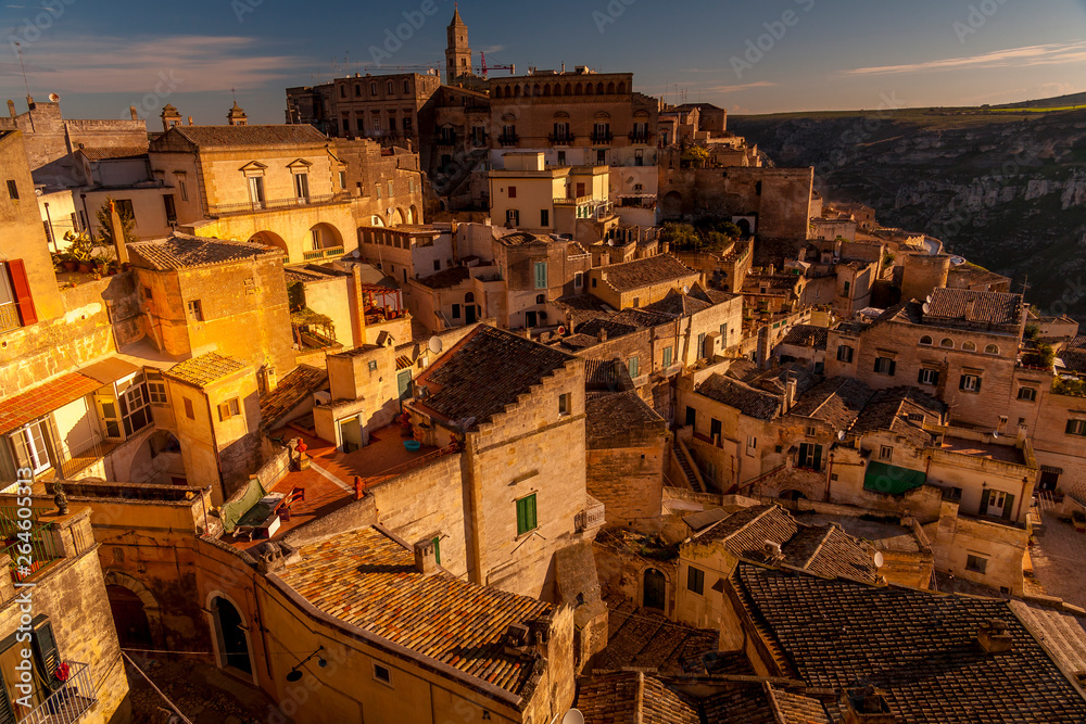 landscape of the famous Matera Sassi on Sunset 