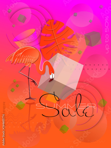 Summer sale banner with paper cut flamingo and tropical leave and geometric figures. Summer futuristic background, collage. disign for banner, flyer, invitation, poster, web site or greeting card.
