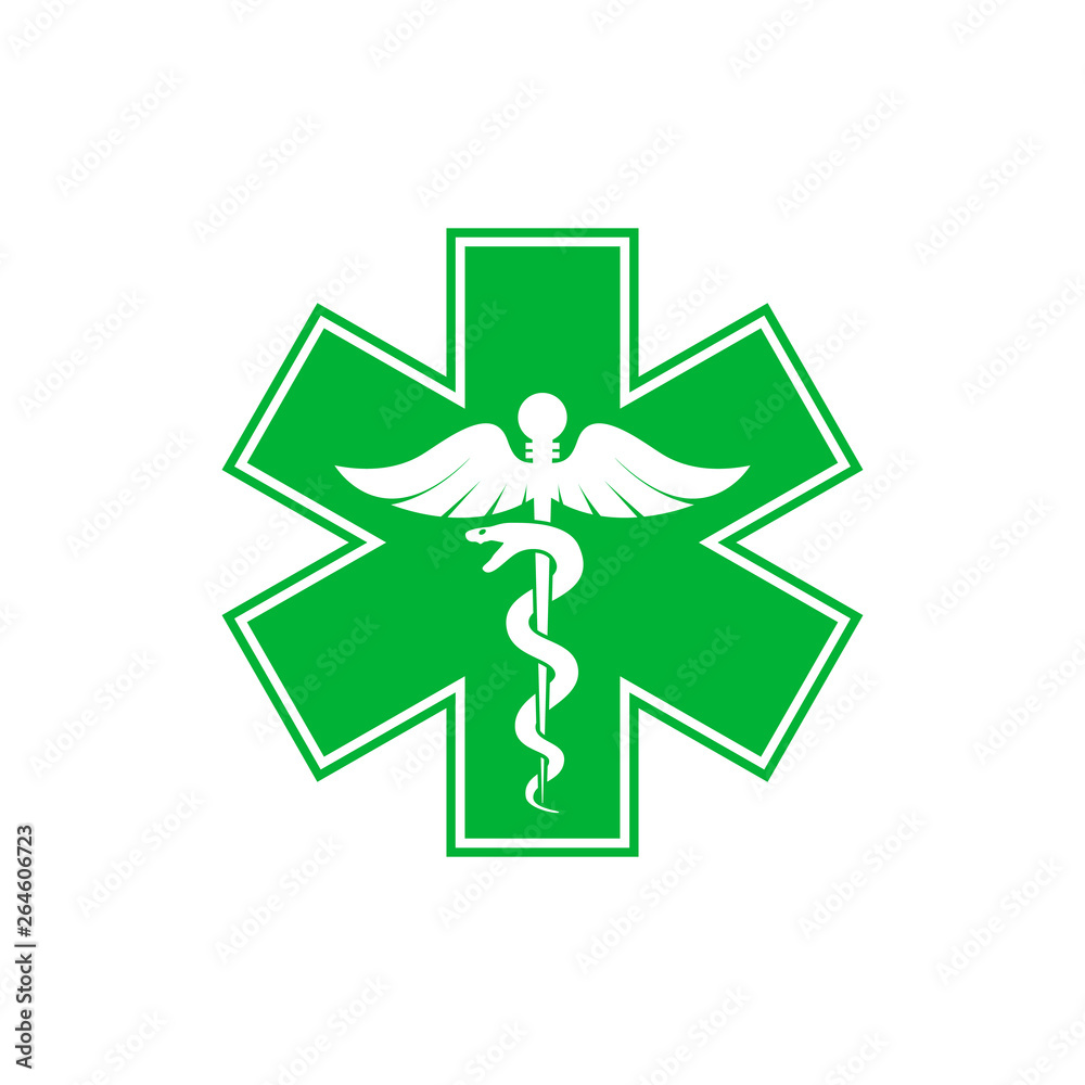 Emergency star - medical symbol Caduceus Green snake with stick icon isolated on white background.