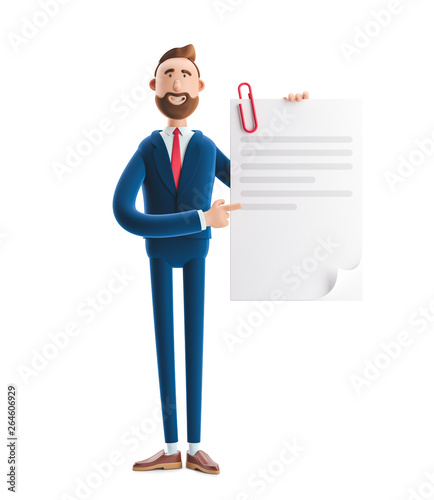 3d illustration. Handsome businessman Billy holds a completed document.
