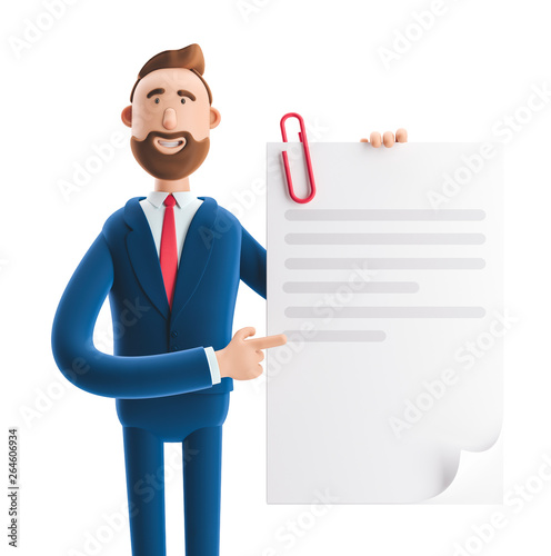 3d illustration. Handsome businessman Billy holds a completed document. photo