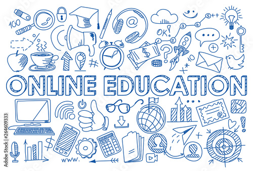 Set of online education icons in doodle style