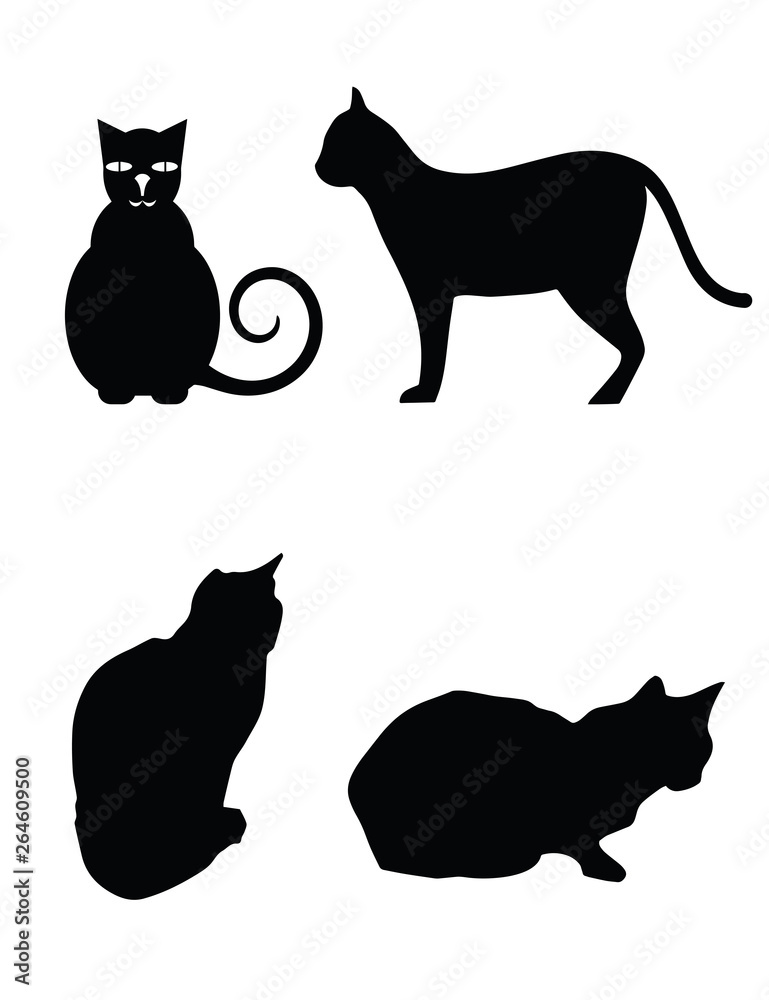 black silhouette of four different poses of a cat vector on white background black silhouette of four different poses of a cat vector on white background