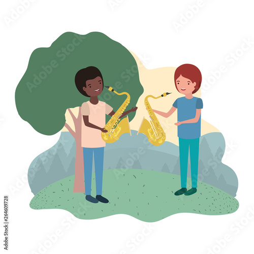 men with musical instruments in landscape