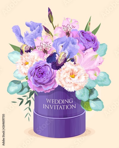 Vintage greeting card with roses and iris