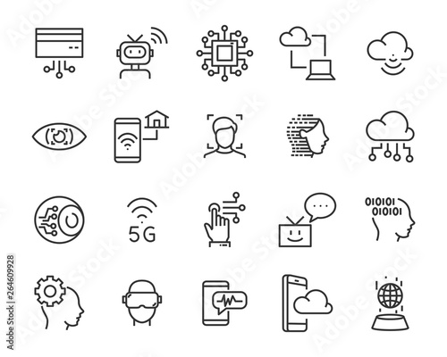 set of technology icon set, such as robot, digital, vr, ai, cyber
