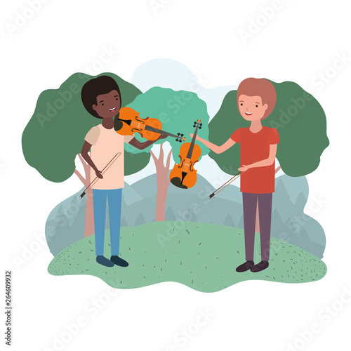 men with musical instruments in landscape