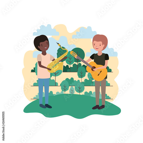 men with musical instruments in landscape