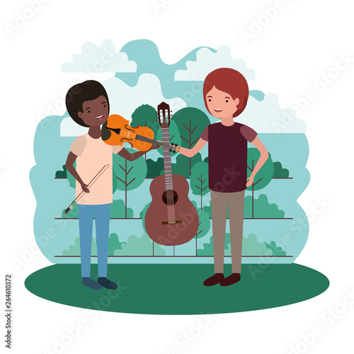 men with musical instruments in landscape