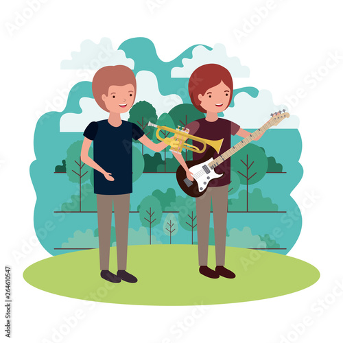 men with musical instruments in landscape