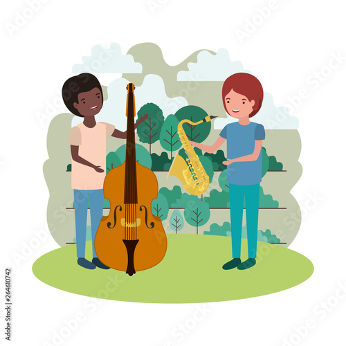 men with musical instruments in landscape