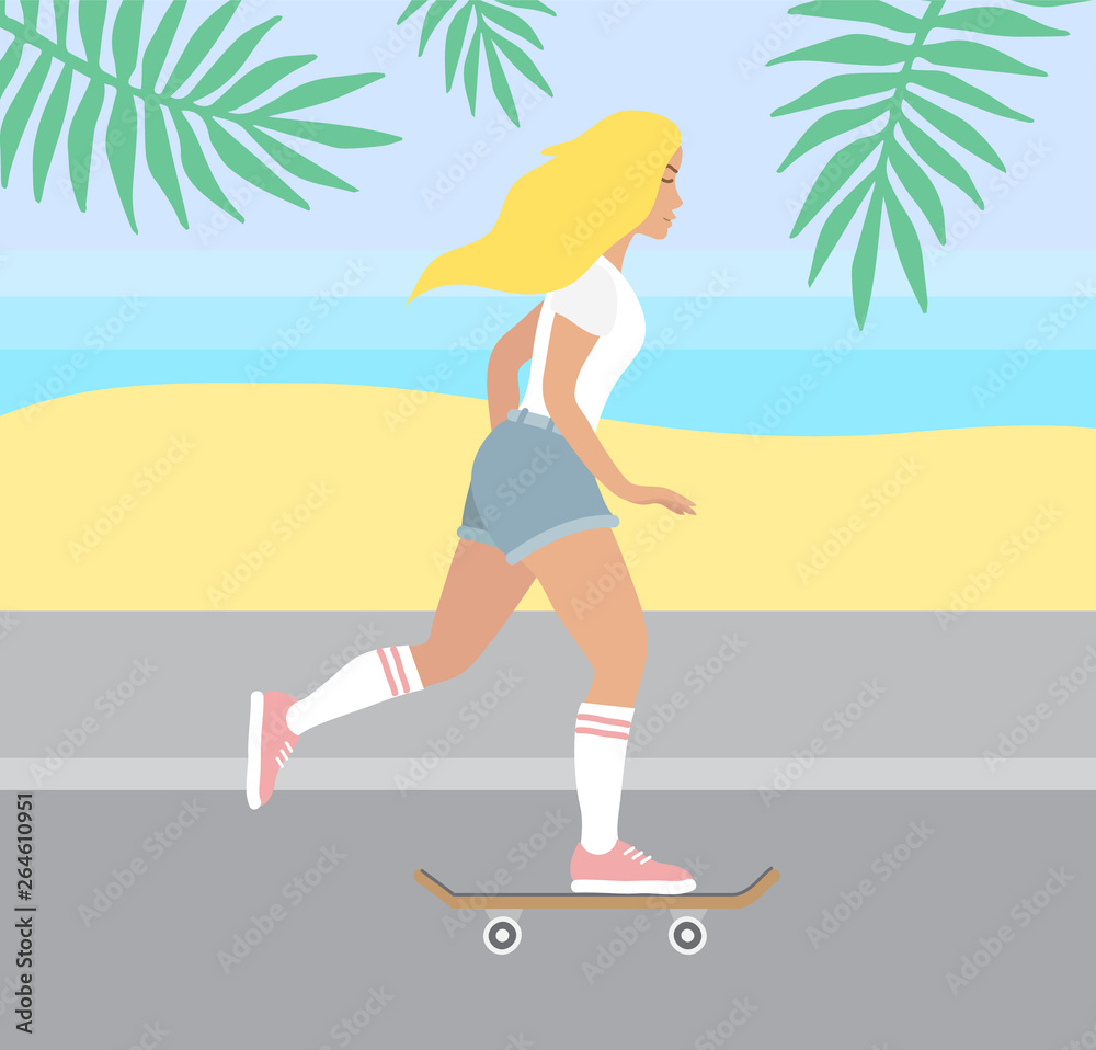 Vector flat cartoon illustration of skater girl going on the street to the beach
