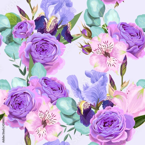 Vector seamless pattern with roses and iris